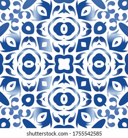 Antique azulejo tiles patchwork. Graphic design. Vector seamless pattern flyer. Blue spain and portuguese decor for bags, smartphone cases, T-shirts, linens or scrapbooking.