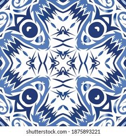Antique azulejo tiles patchwork. Graphic design. Vector seamless pattern watercolor. Blue spain and portuguese decor for bags, smartphone cases, T-shirts, linens or scrapbooking.
