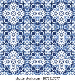 Antique azulejo tiles patchwork. Graphic design. Vector seamless pattern watercolor. Blue spain and portuguese decor for bags, smartphone cases, T-shirts, linens or scrapbooking.