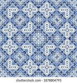 Antique azulejo tiles patchwork. Graphic design. Vector seamless pattern watercolor. Blue spain and portuguese decor for bags, smartphone cases, T-shirts, linens or scrapbooking.