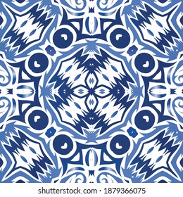 Antique azulejo tiles patchwork. Graphic design. Vector seamless pattern watercolor. Blue spain and portuguese decor for bags, smartphone cases, T-shirts, linens or scrapbooking.