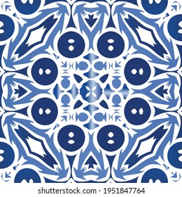 Antique azulejo tiles patchwork. Graphic design. Vector seamless pattern template. Blue spain and portuguese decor for bags, smartphone cases, T-shirts, linens or scrapbooking.