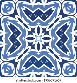 Antique azulejo tiles patchwork. Graphic design. Vector seamless pattern template. Blue spain and portuguese decor for bags, smartphone cases, T-shirts, linens or scrapbooking.