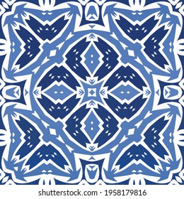 Antique azulejo tiles patchwork. Graphic design. Vector seamless pattern template. Blue spain and portuguese decor for bags, smartphone cases, T-shirts, linens or scrapbooking.