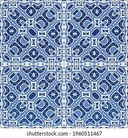 Antique azulejo tiles patchwork. Graphic design. Vector seamless pattern template. Blue spain and portuguese decor for bags, smartphone cases, T-shirts, linens or scrapbooking.