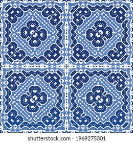 Antique azulejo tiles patchwork. Graphic design. Vector seamless pattern template. Blue spain and portuguese decor for bags, smartphone cases, T-shirts, linens or scrapbooking.