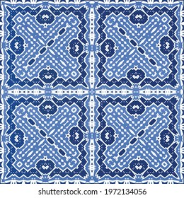 Antique azulejo tiles patchwork. Graphic design. Vector seamless pattern template. Blue spain and portuguese decor for bags, smartphone cases, T-shirts, linens or scrapbooking.