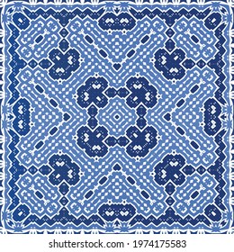 Antique azulejo tiles patchwork. Graphic design. Vector seamless pattern template. Blue spain and portuguese decor for bags, smartphone cases, T-shirts, linens or scrapbooking.