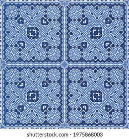 Antique azulejo tiles patchwork. Graphic design. Vector seamless pattern template. Blue spain and portuguese decor for bags, smartphone cases, T-shirts, linens or scrapbooking.