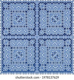 Antique azulejo tiles patchwork. Graphic design. Vector seamless pattern template. Blue spain and portuguese decor for bags, smartphone cases, T-shirts, linens or scrapbooking.