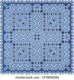 Antique azulejo tiles patchwork. Graphic design. Vector seamless pattern template. Blue spain and portuguese decor for bags, smartphone cases, T-shirts, linens or scrapbooking.