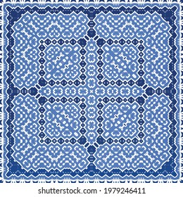 Antique azulejo tiles patchwork. Graphic design. Vector seamless pattern template. Blue spain and portuguese decor for bags, smartphone cases, T-shirts, linens or scrapbooking.