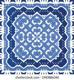 Antique azulejo tiles patchwork. Graphic design. Vector seamless pattern template. Blue spain and portuguese decor for bags, smartphone cases, T-shirts, linens or scrapbooking.