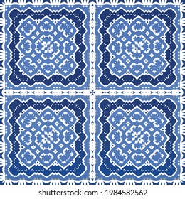 Antique azulejo tiles patchwork. Graphic design. Vector seamless pattern template. Blue spain and portuguese decor for bags, smartphone cases, T-shirts, linens or scrapbooking.