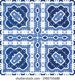 Antique azulejo tiles patchwork. Graphic design. Vector seamless pattern template. Blue spain and portuguese decor for bags, smartphone cases, T-shirts, linens or scrapbooking.