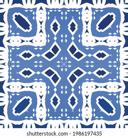 Antique azulejo tiles patchwork. Graphic design. Vector seamless pattern template. Blue spain and portuguese decor for bags, smartphone cases, T-shirts, linens or scrapbooking.