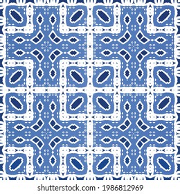 Antique azulejo tiles patchwork. Graphic design. Vector seamless pattern template. Blue spain and portuguese decor for bags, smartphone cases, T-shirts, linens or scrapbooking.