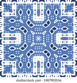 Antique azulejo tiles patchwork. Graphic design. Vector seamless pattern template. Blue spain and portuguese decor for bags, smartphone cases, T-shirts, linens or scrapbooking.
