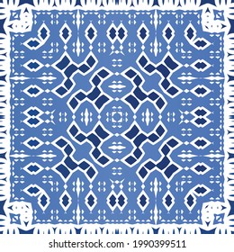 Antique azulejo tiles patchwork. Graphic design. Vector seamless pattern template. Blue spain and portuguese decor for bags, smartphone cases, T-shirts, linens or scrapbooking.