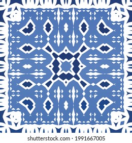 Antique azulejo tiles patchwork. Graphic design. Vector seamless pattern template. Blue spain and portuguese decor for bags, smartphone cases, T-shirts, linens or scrapbooking.