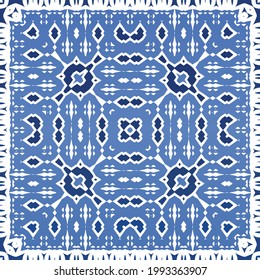 Antique azulejo tiles patchwork. Graphic design. Vector seamless pattern template. Blue spain and portuguese decor for bags, smartphone cases, T-shirts, linens or scrapbooking.