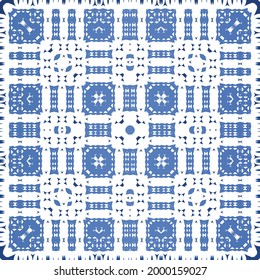 Antique azulejo tiles patchwork. Graphic design. Vector seamless pattern template. Blue spain and portuguese decor for bags, smartphone cases, T-shirts, linens or scrapbooking.