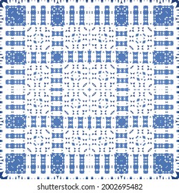 Antique azulejo tiles patchwork. Graphic design. Vector seamless pattern template. Blue spain and portuguese decor for bags, smartphone cases, T-shirts, linens or scrapbooking.