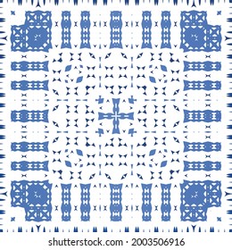 Antique azulejo tiles patchwork. Graphic design. Vector seamless pattern template. Blue spain and portuguese decor for bags, smartphone cases, T-shirts, linens or scrapbooking.