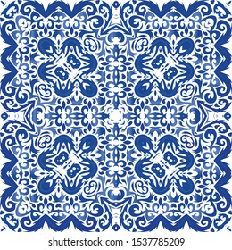 Antique azulejo tiles patchwork. Hand drawn design. Vector seamless pattern theme. Blue spain and portuguese decor for bags, smartphone cases, T-shirts, linens or scrapbooking.