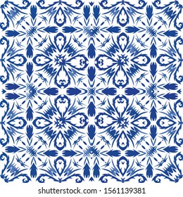 Antique azulejo tiles patchwork. Hand drawn design. Vector seamless pattern elements. Blue spain and portuguese decor for bags, smartphone cases, T-shirts, linens or scrapbooking.