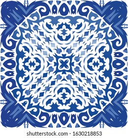 Antique azulejo tiles patchwork. Hand drawn design. Vector seamless pattern arabesque. Blue spain and portuguese decor for bags, smartphone cases, T-shirts, linens or scrapbooking.