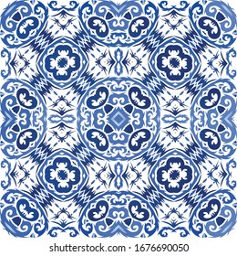 Antique azulejo tiles patchwork. Hand drawn design. Vector seamless pattern concept. Blue spain and portuguese decor for bags, smartphone cases, T-shirts, linens or scrapbooking.