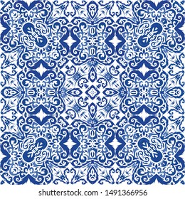 Antique azulejo tiles patchwork. Kitchen design. Vector seamless pattern concept. Blue spain and portuguese decor for bags, smartphone cases, T-shirts, linens or scrapbooking.