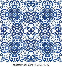 Antique azulejo tiles patchwork. Kitchen design. Vector seamless pattern arabesque. Blue spain and portuguese decor for bags, smartphone cases, T-shirts, linens or scrapbooking.