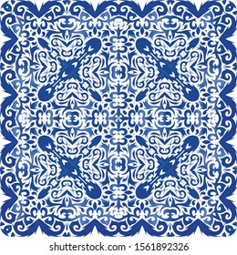 Antique azulejo tiles patchwork. Kitchen design. Vector seamless pattern trellis. Blue spain and portuguese decor for bags, smartphone cases, T-shirts, linens or scrapbooking.