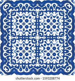 Antique azulejo tiles patchwork. Kitchen design. Vector seamless pattern texture. Blue spain and portuguese decor for bags, smartphone cases, T-shirts, linens or scrapbooking.
