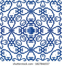 Antique azulejo tiles patchwork. Kitchen design. Vector seamless pattern concept. Blue spain and portuguese decor for bags, smartphone cases, T-shirts, linens or scrapbooking.