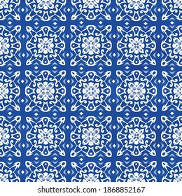 Antique azulejo tiles patchwork. Kitchen design. Vector seamless pattern frame. Blue spain and portuguese decor for bags, smartphone cases, T-shirts, linens or scrapbooking.