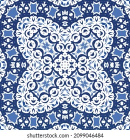 Antique azulejo tiles patchwork. Kitchen design. Vector seamless pattern concept. Blue spain and portuguese decor for bags, smartphone cases, T-shirts, linens or scrapbooking.