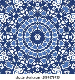 Antique azulejo tiles patchwork. Kitchen design. Vector seamless pattern concept. Blue spain and portuguese decor for bags, smartphone cases, T-shirts, linens or scrapbooking.