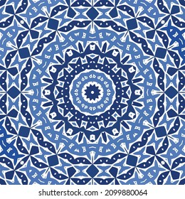 Antique azulejo tiles patchwork. Kitchen design. Vector seamless pattern concept. Blue spain and portuguese decor for bags, smartphone cases, T-shirts, linens or scrapbooking.