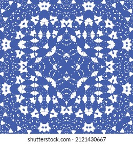 Antique azulejo tiles patchwork. Kitchen design. Vector seamless pattern concept. Blue spain and portuguese decor for bags, smartphone cases, T-shirts, linens or scrapbooking.