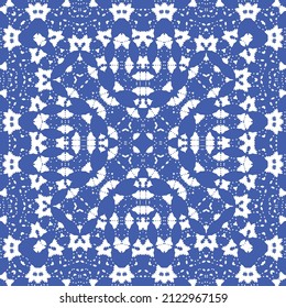 Antique azulejo tiles patchwork. Kitchen design. Vector seamless pattern concept. Blue spain and portuguese decor for bags, smartphone cases, T-shirts, linens or scrapbooking.
