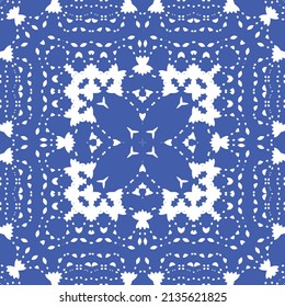 Antique azulejo tiles patchwork. Kitchen design. Vector seamless pattern concept. Blue spain and portuguese decor for bags, smartphone cases, T-shirts, linens or scrapbooking.