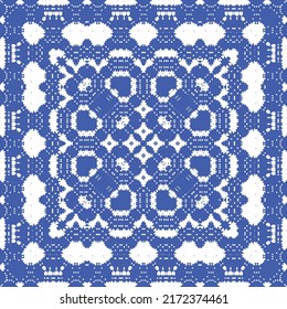 Antique azulejo tiles patchwork. Kitchen design. Vector seamless pattern concept. Blue spain and portuguese decor for bags, smartphone cases, T-shirts, linens or scrapbooking.