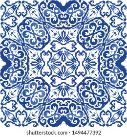 Antique azulejo tiles patchwork. Minimal design. Vector seamless pattern frame. Blue spain and portuguese decor for bags, smartphone cases, T-shirts, linens or scrapbooking.