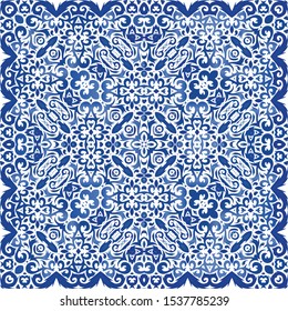 Antique azulejo tiles patchwork. Minimal design. Vector seamless pattern texture. Blue spain and portuguese decor for bags, smartphone cases, T-shirts, linens or scrapbooking.