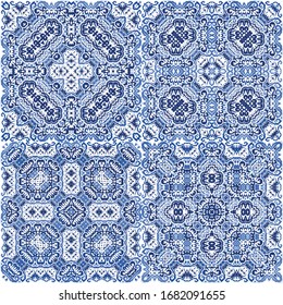 Fliesen-Fliesen-Fliesen aus antiker Azulejo-Zeit. Minimales Design. Vektorillustration nahtloses Musterkonzept. Spain und portugiesisches Dekor für Taschen, Smartphone-Kisten, T-Shirts, Wäsche oder Scrapbooking.