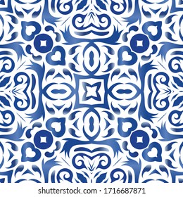 Antique azulejo tiles patchwork. Minimal design. Vector seamless pattern theme. Blue spain and portuguese decor for bags, smartphone cases, T-shirts, linens or scrapbooking.