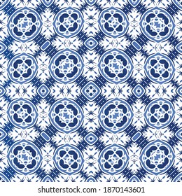 Antique azulejo tiles patchwork. Minimal design. Vector seamless pattern trellis. Blue spain and portuguese decor for bags, smartphone cases, T-shirts, linens or scrapbooking.